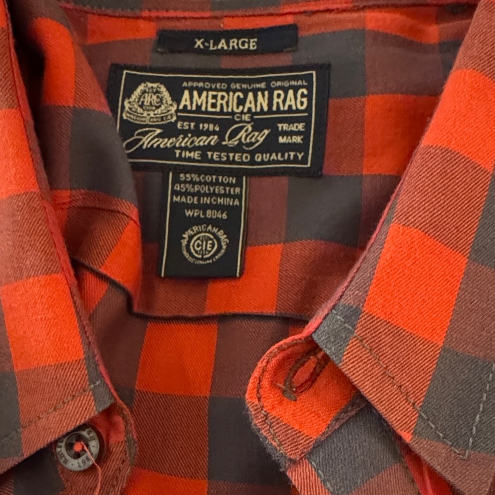 American Rag Men's Orange and Gray Checkered Shirt